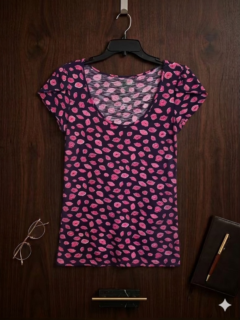 Lilly Pulitzer Sarah Bocce Kisses Lip Print Short Sleeve Top Purple Pink Large